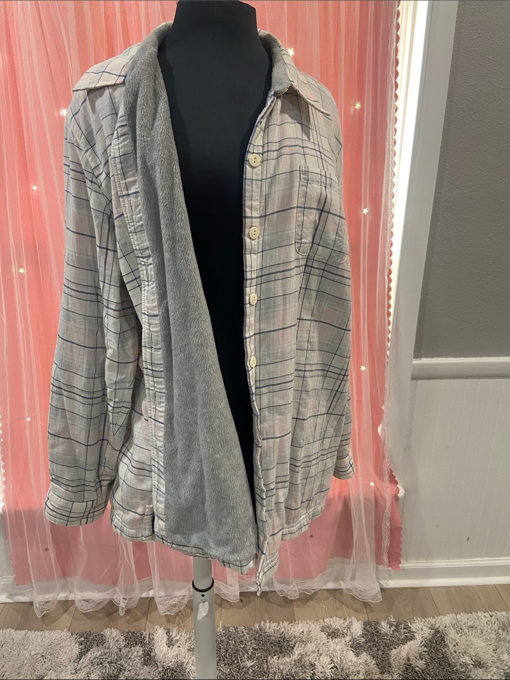 L.L. Bean Gray and Cream Plaid Sherpa-Lined Button Jacket size 1X